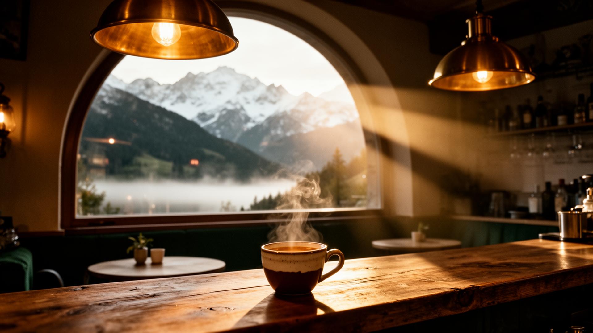 Maison Lumière cafe at dawn over Lake Lucerne